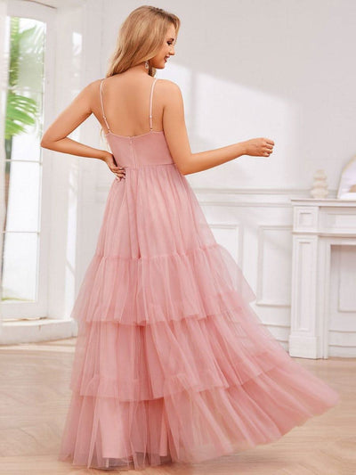 V Neck Tiered Tulle Spaghetti Strap Bridesmaid Dress #color_Pink