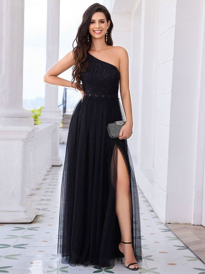One-Shoulder Embellished Tulle Formal Evening Dress #color_Black