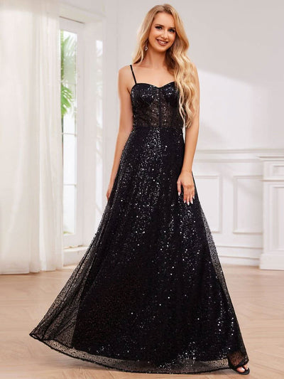 Elegant Sequin Spaghetti Strap Corset Formal Evening Dress #color_Black