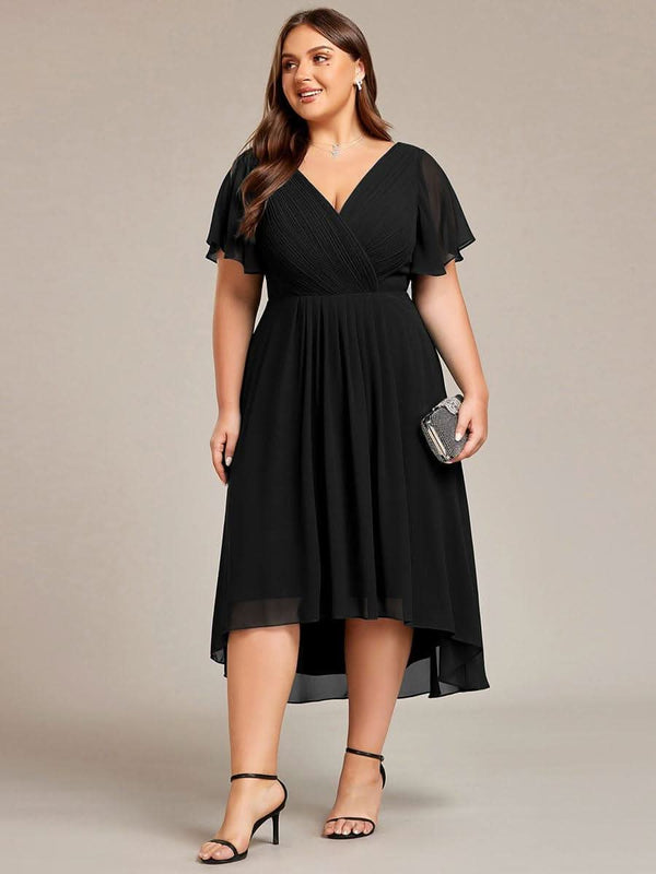 ever FAYE|Pleated Asymmetrical Hem Ruffles Sleeve Chiffon Bridesmaid Dress
