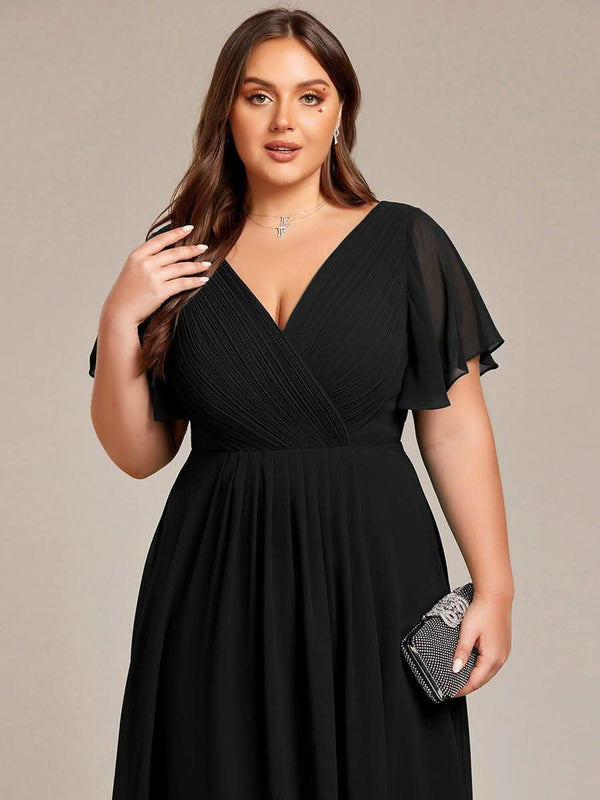 ever FAYE|Pleated Asymmetrical Hem Ruffles Sleeve Chiffon Bridesmaid Dress