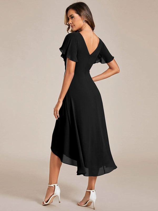 ever FAYE|Pleated Asymmetrical Hem Ruffles Sleeve Chiffon Bridesmaid Dress