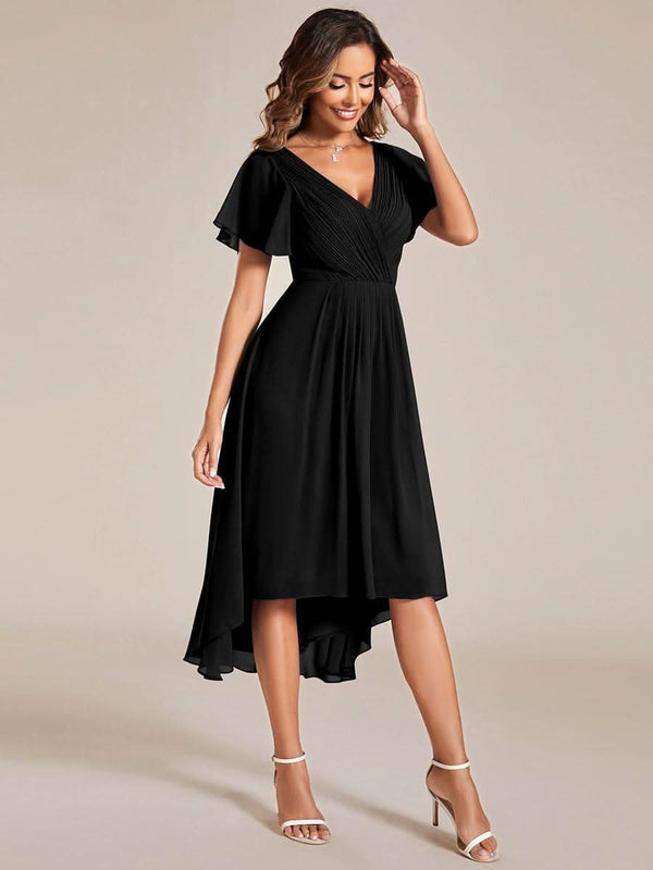 ever FAYE|Pleated Asymmetrical Hem Ruffles Sleeve Chiffon Bridesmaid Dress