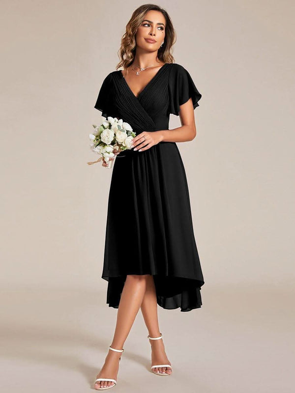 ever FAYE|Pleated Asymmetrical Hem Ruffles Sleeve Chiffon Bridesmaid Dress