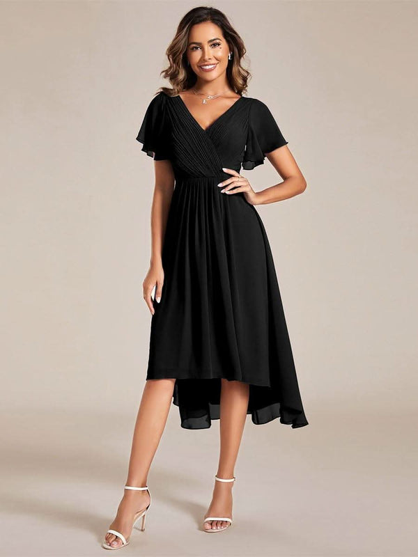 ever FAYE|Pleated Asymmetrical Hem Ruffles Sleeve Chiffon Bridesmaid Dress