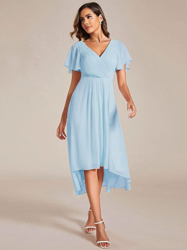 ever FAYE|Pleated Asymmetrical Hem Ruffles Sleeve Chiffon Bridesmaid Dress