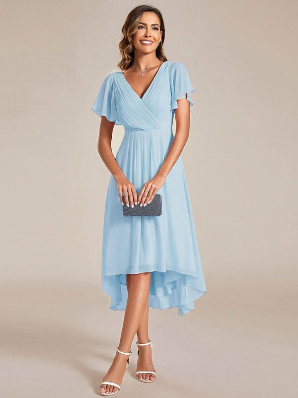 ever FAYE|Pleated Asymmetrical Hem Ruffles Sleeve Chiffon Bridesmaid Dress