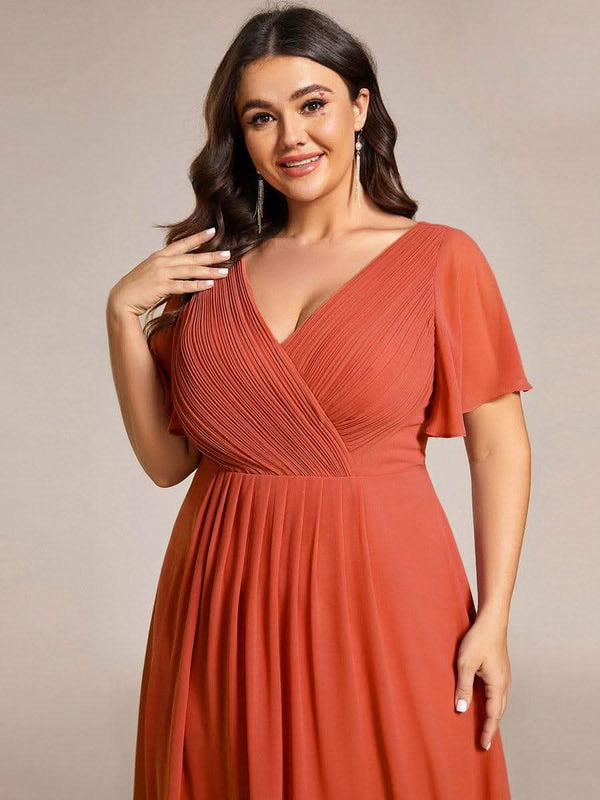 ever FAYE|Pleated Asymmetrical Hem Ruffles Sleeve Chiffon Bridesmaid Dress