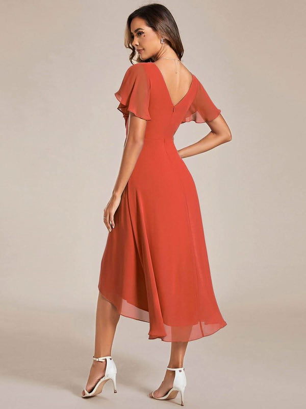 ever FAYE|Pleated Asymmetrical Hem Ruffles Sleeve Chiffon Bridesmaid Dress