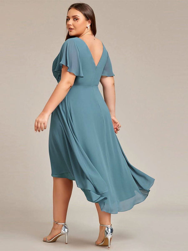 ever FAYE|Pleated Asymmetrical Hem Ruffles Sleeve Chiffon Bridesmaid Dress