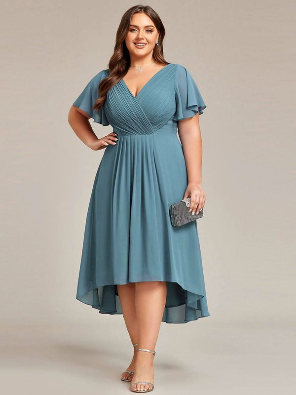 ever FAYE|Pleated Asymmetrical Hem Ruffles Sleeve Chiffon Bridesmaid Dress