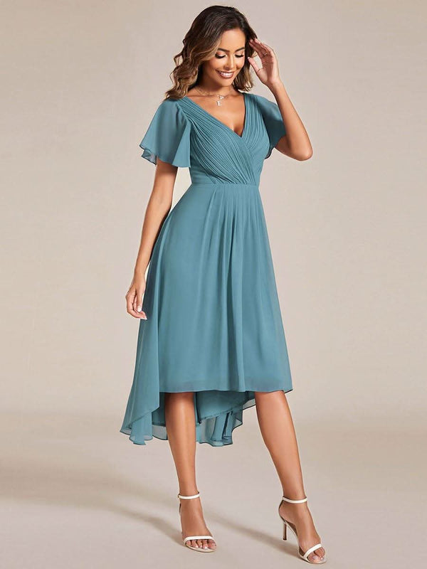 ever FAYE|Pleated Asymmetrical Hem Ruffles Sleeve Chiffon Bridesmaid Dress