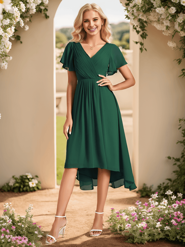 ever FAYE|Pleated Asymmetrical Hem Ruffles Sleeve Chiffon Bridesmaid Dress