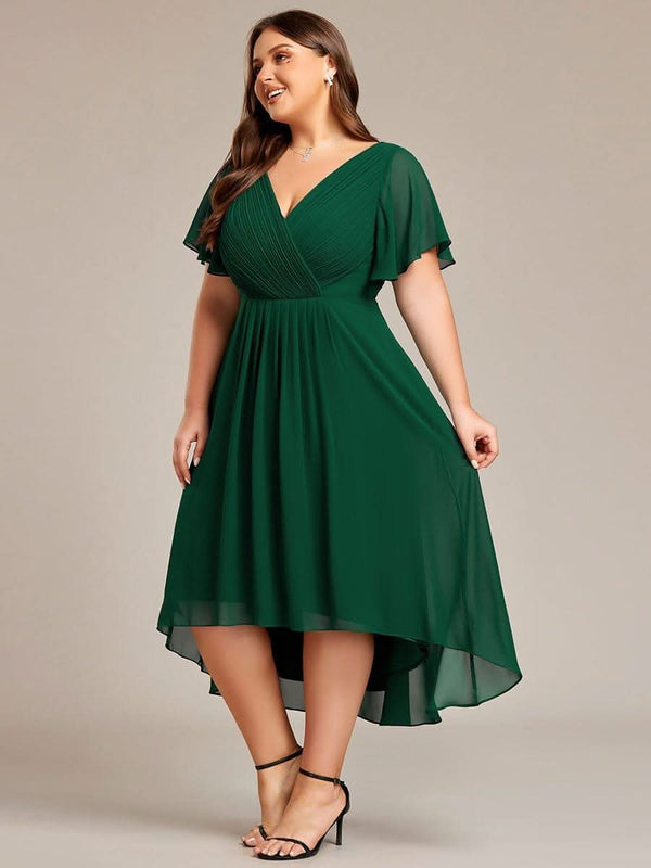 ever FAYE|Pleated Asymmetrical Hem Ruffles Sleeve Chiffon Bridesmaid Dress