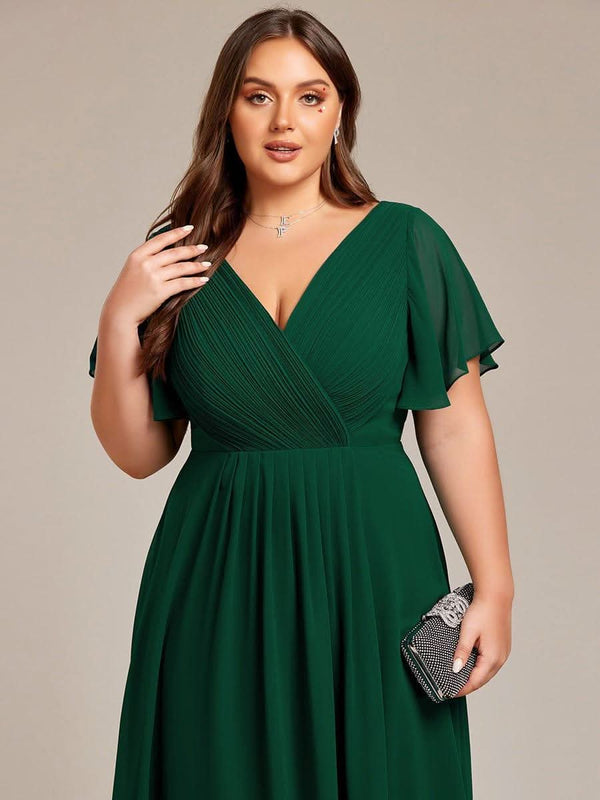 ever FAYE|Pleated Asymmetrical Hem Ruffles Sleeve Chiffon Bridesmaid Dress