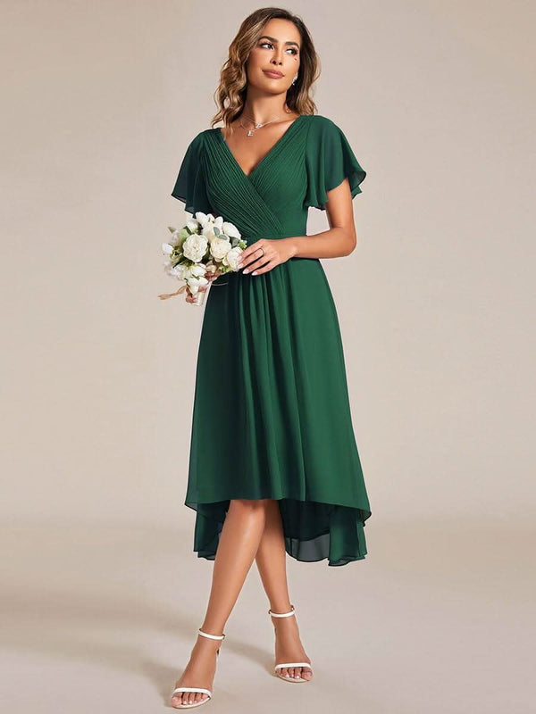 ever FAYE|Pleated Asymmetrical Hem Ruffles Sleeve Chiffon Bridesmaid Dress