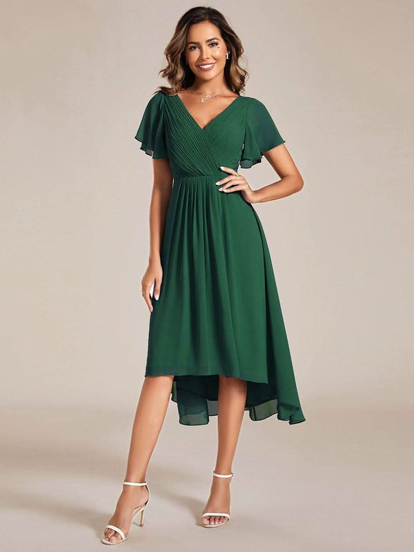 ever FAYE|Pleated Asymmetrical Hem Ruffles Sleeve Chiffon Bridesmaid Dress