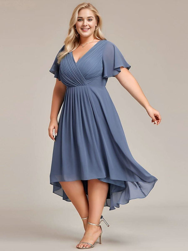 ever FAYE|Pleated Asymmetrical Hem Ruffles Sleeve Chiffon Bridesmaid Dress