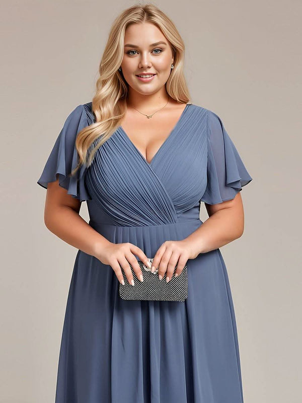 ever FAYE|Pleated Asymmetrical Hem Ruffles Sleeve Chiffon Bridesmaid Dress