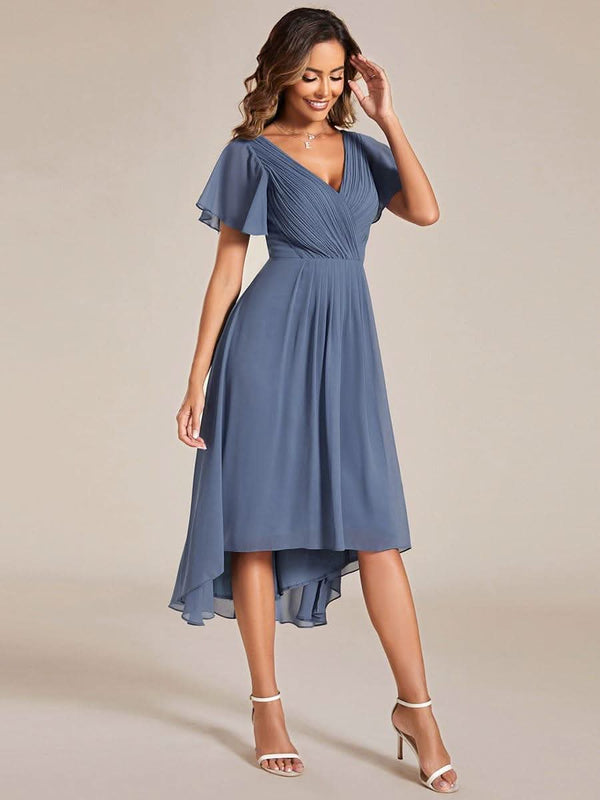 ever FAYE|Pleated Asymmetrical Hem Ruffles Sleeve Chiffon Bridesmaid Dress