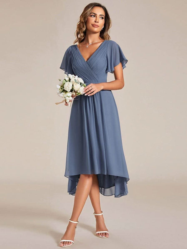 ever FAYE|Pleated Asymmetrical Hem Ruffles Sleeve Chiffon Bridesmaid Dress