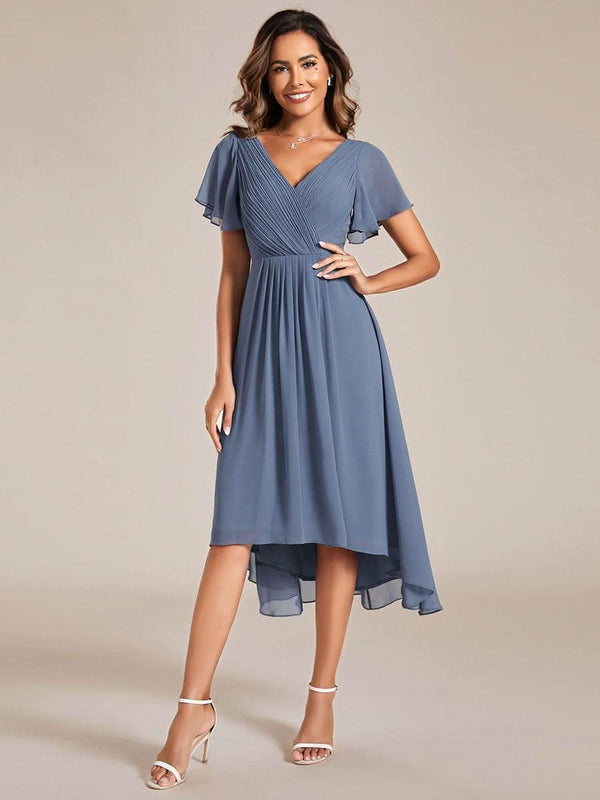 ever FAYE|Pleated Asymmetrical Hem Ruffles Sleeve Chiffon Bridesmaid Dress