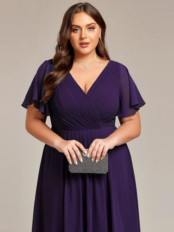 ever FAYE|Pleated Asymmetrical Hem Ruffles Sleeve Chiffon Bridesmaid Dress