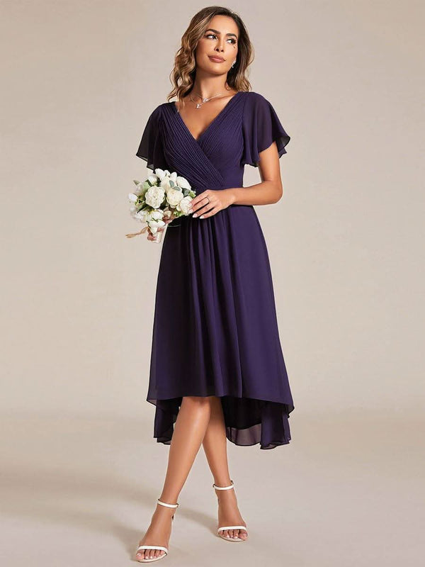 ever FAYE|Pleated Asymmetrical Hem Ruffles Sleeve Chiffon Bridesmaid Dress