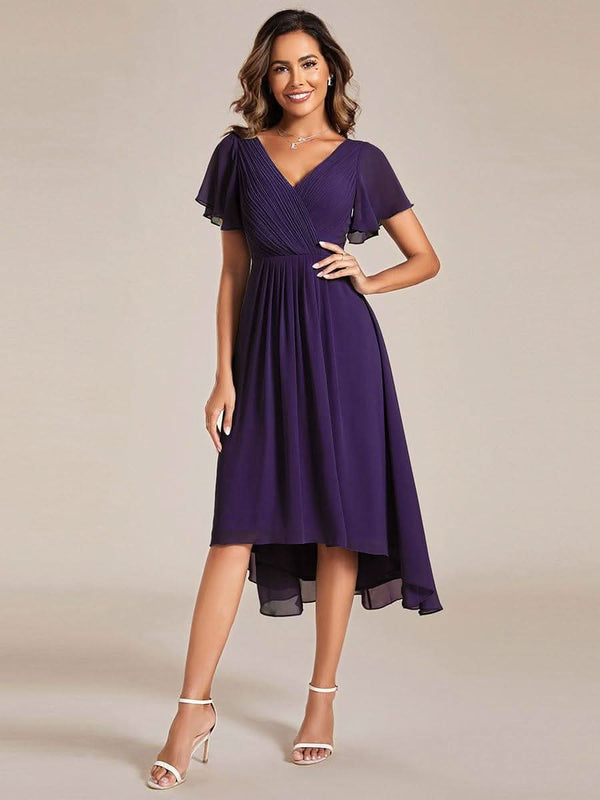 ever FAYE|Pleated Asymmetrical Hem Ruffles Sleeve Chiffon Bridesmaid Dress