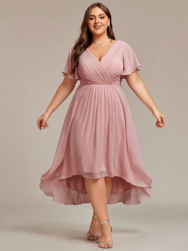 ever FAYE|Pleated Asymmetrical Hem Ruffles Sleeve Chiffon Bridesmaid Dress