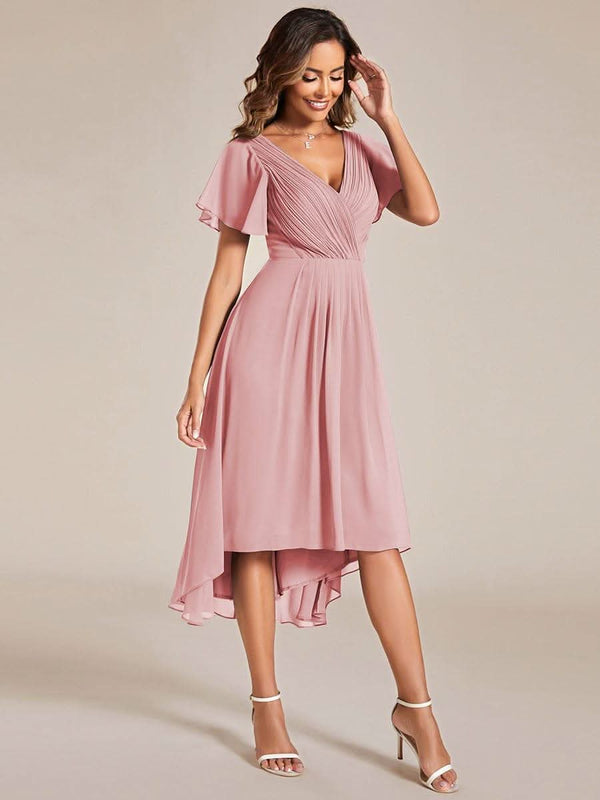 ever FAYE|Pleated Asymmetrical Hem Ruffles Sleeve Chiffon Bridesmaid Dress