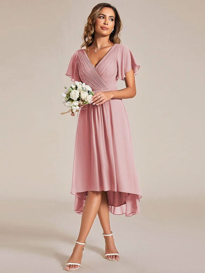 Pleated Asymmetrical Hem Ruffles Sleeve Chiffon Bridesmaid Dress #color_Dusty Rose