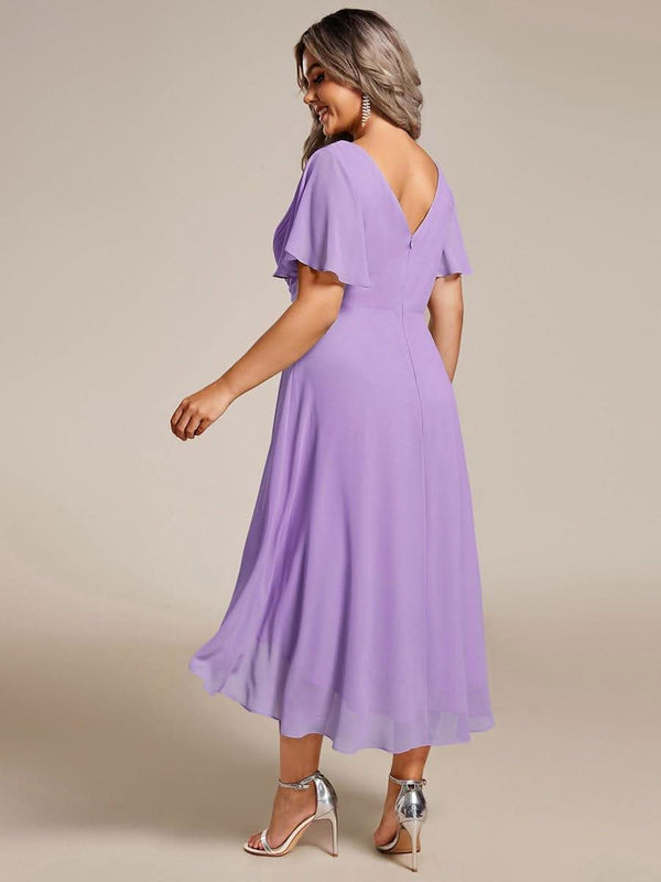 ever FAYE|Pleated Asymmetrical Hem Ruffles Sleeve Chiffon Bridesmaid Dress