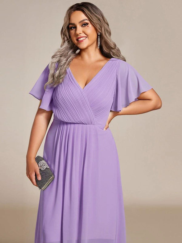 ever FAYE|Pleated Asymmetrical Hem Ruffles Sleeve Chiffon Bridesmaid Dress