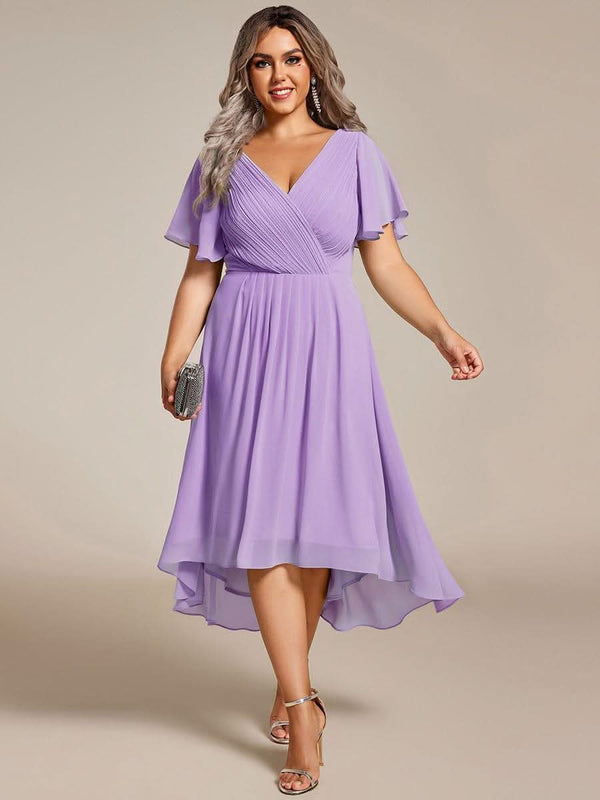 ever FAYE|Pleated Asymmetrical Hem Ruffles Sleeve Chiffon Bridesmaid Dress