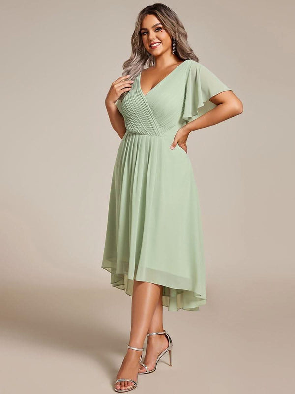 ever FAYE|Pleated Asymmetrical Hem Ruffles Sleeve Chiffon Bridesmaid Dress