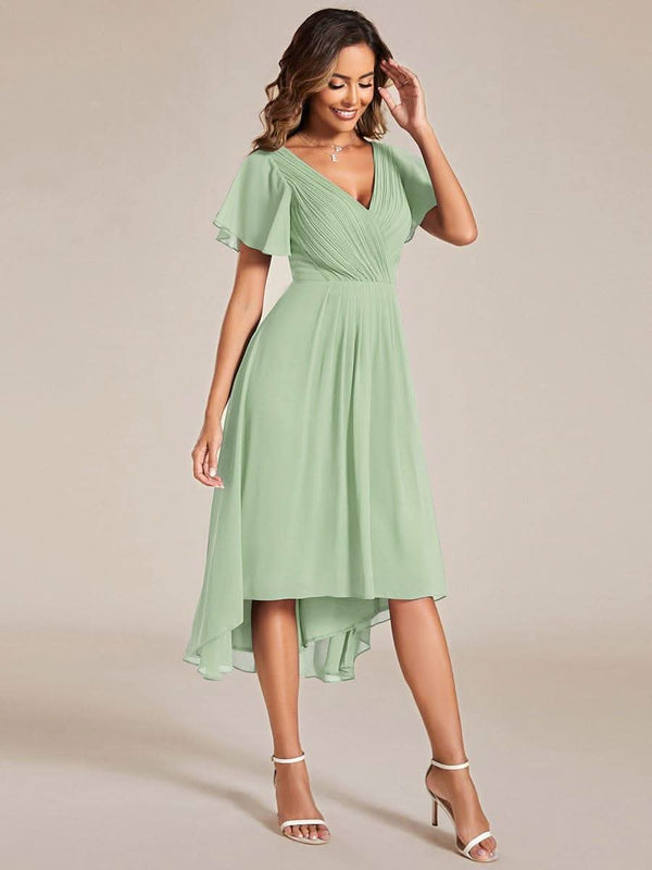 ever FAYE|Pleated Asymmetrical Hem Ruffles Sleeve Chiffon Bridesmaid Dress