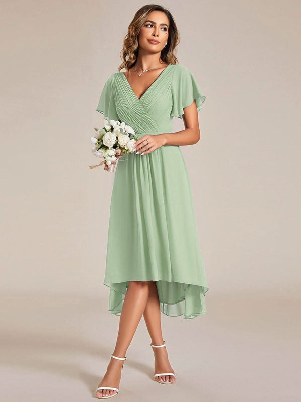 ever FAYE|Pleated Asymmetrical Hem Ruffles Sleeve Chiffon Bridesmaid Dress