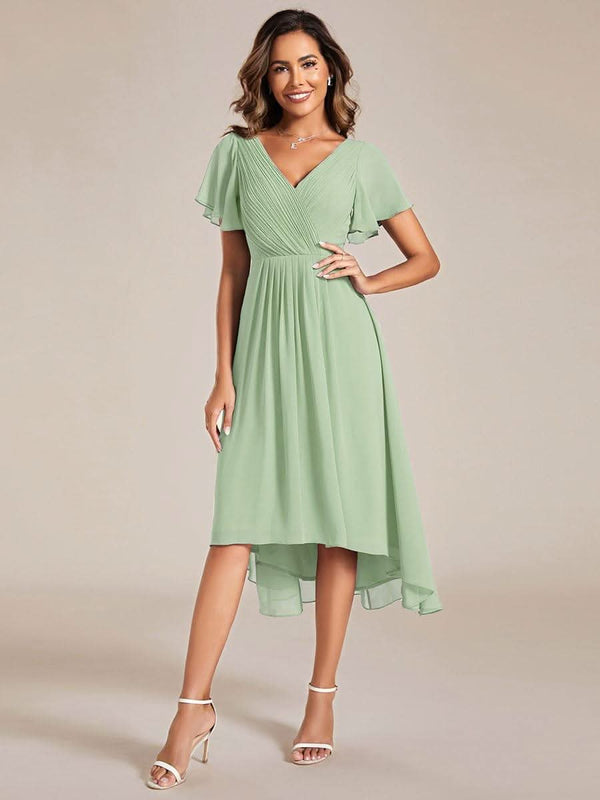 ever FAYE|Pleated Asymmetrical Hem Ruffles Sleeve Chiffon Bridesmaid Dress