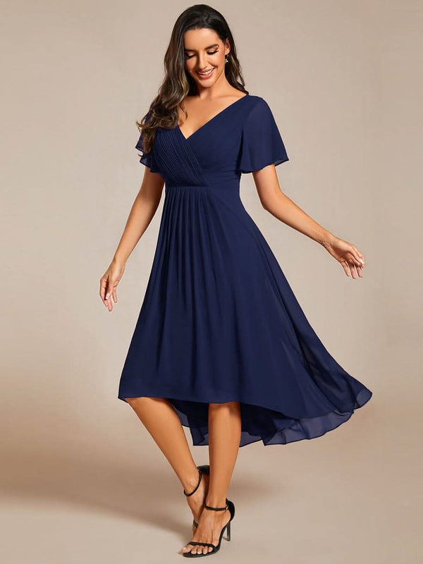 ever FAYE|Pleated Asymmetrical Hem Ruffles Sleeve Chiffon Bridesmaid Dress