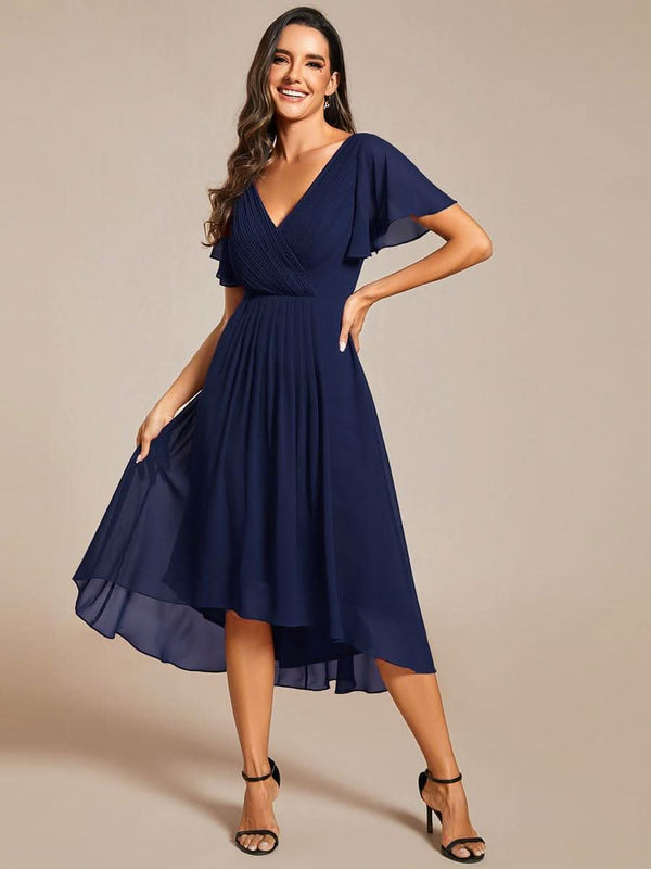 ever FAYE|Pleated Asymmetrical Hem Ruffles Sleeve Chiffon Bridesmaid Dress