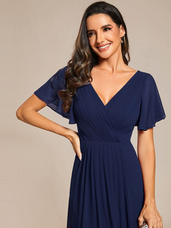 ever FAYE|Pleated Asymmetrical Hem Ruffles Sleeve Chiffon Bridesmaid Dress