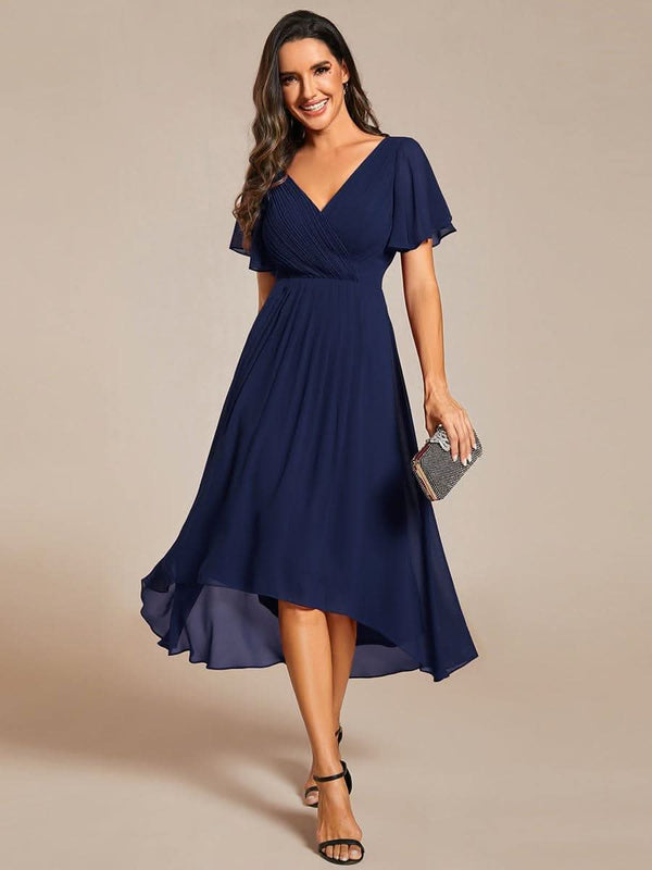 ever FAYE|Pleated Asymmetrical Hem Ruffles Sleeve Chiffon Bridesmaid Dress