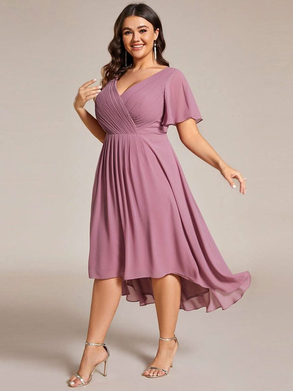 ever FAYE|Pleated Asymmetrical Hem Ruffles Sleeve Chiffon Bridesmaid Dress
