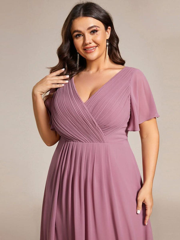 ever FAYE|Pleated Asymmetrical Hem Ruffles Sleeve Chiffon Bridesmaid Dress