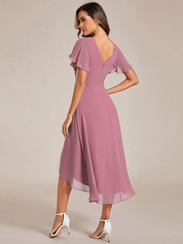 ever FAYE|Pleated Asymmetrical Hem Ruffles Sleeve Chiffon Bridesmaid Dress