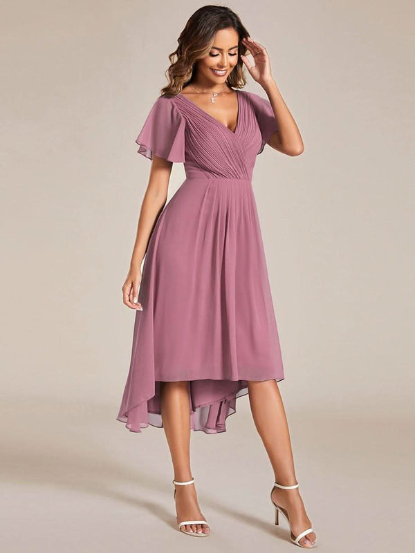 ever FAYE|Pleated Asymmetrical Hem Ruffles Sleeve Chiffon Bridesmaid Dress