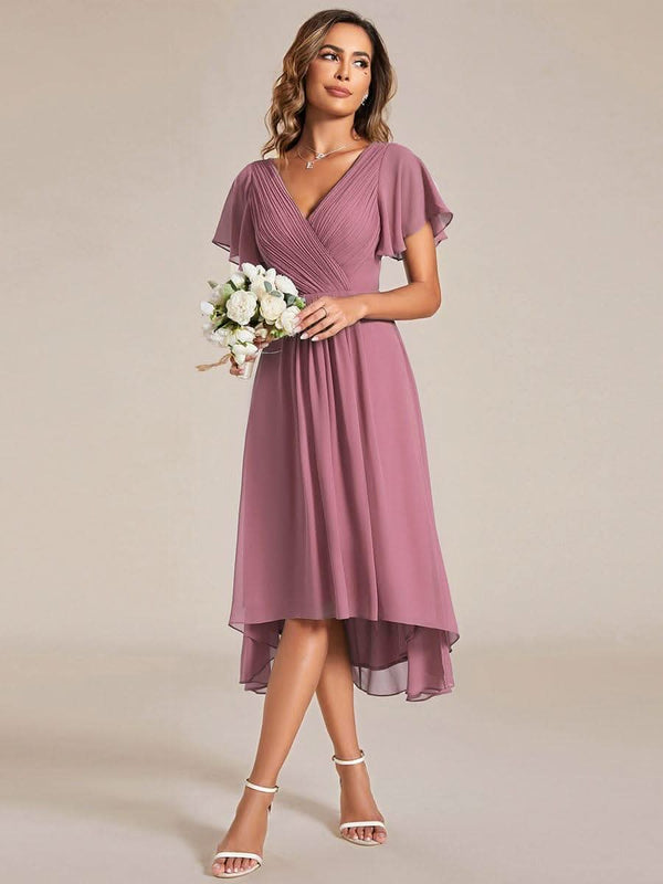 ever FAYE|Pleated Asymmetrical Hem Ruffles Sleeve Chiffon Bridesmaid Dress