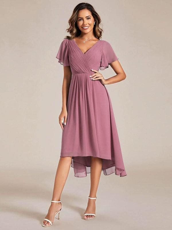 ever FAYE|Pleated Asymmetrical Hem Ruffles Sleeve Chiffon Bridesmaid Dress