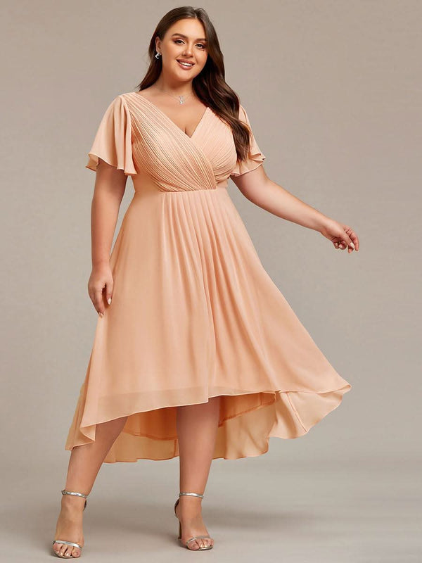ever FAYE|Pleated Asymmetrical Hem Ruffles Sleeve Chiffon Bridesmaid Dress